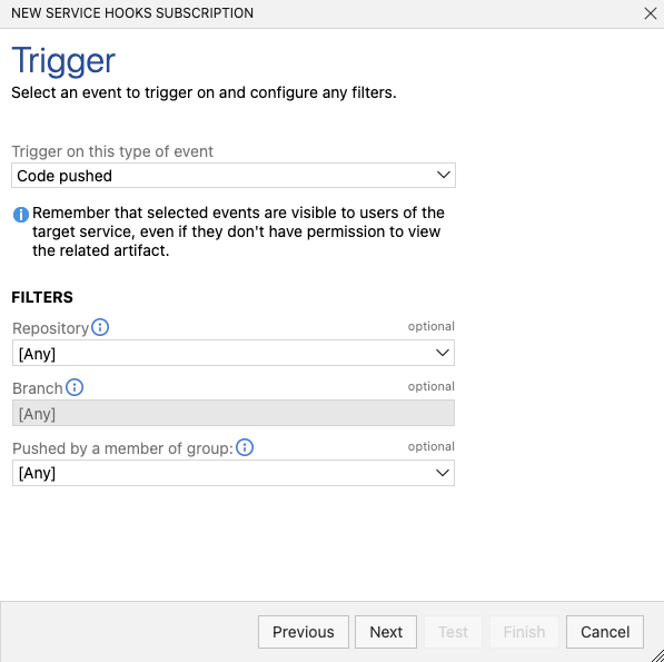 Example of creating a new trigger to push events in Azure Devops